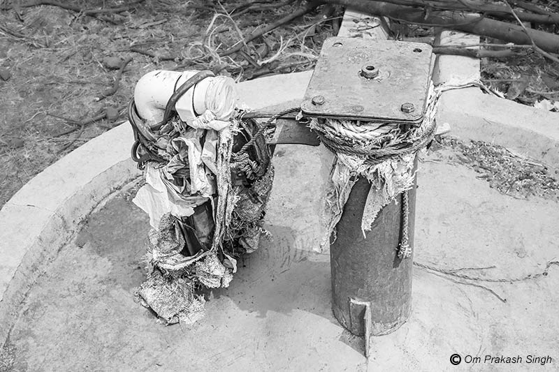 Close-up of collapsed borewell in a single-village scheme (SVS) under Jal Jeevan Mission in Latehar district, Jharkhand, India
